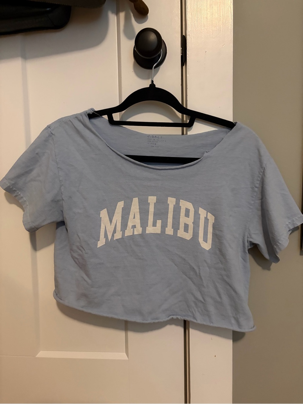 Brandy Melville Light Blue 'MALIBU' Cropped Wide Open Neck Tee